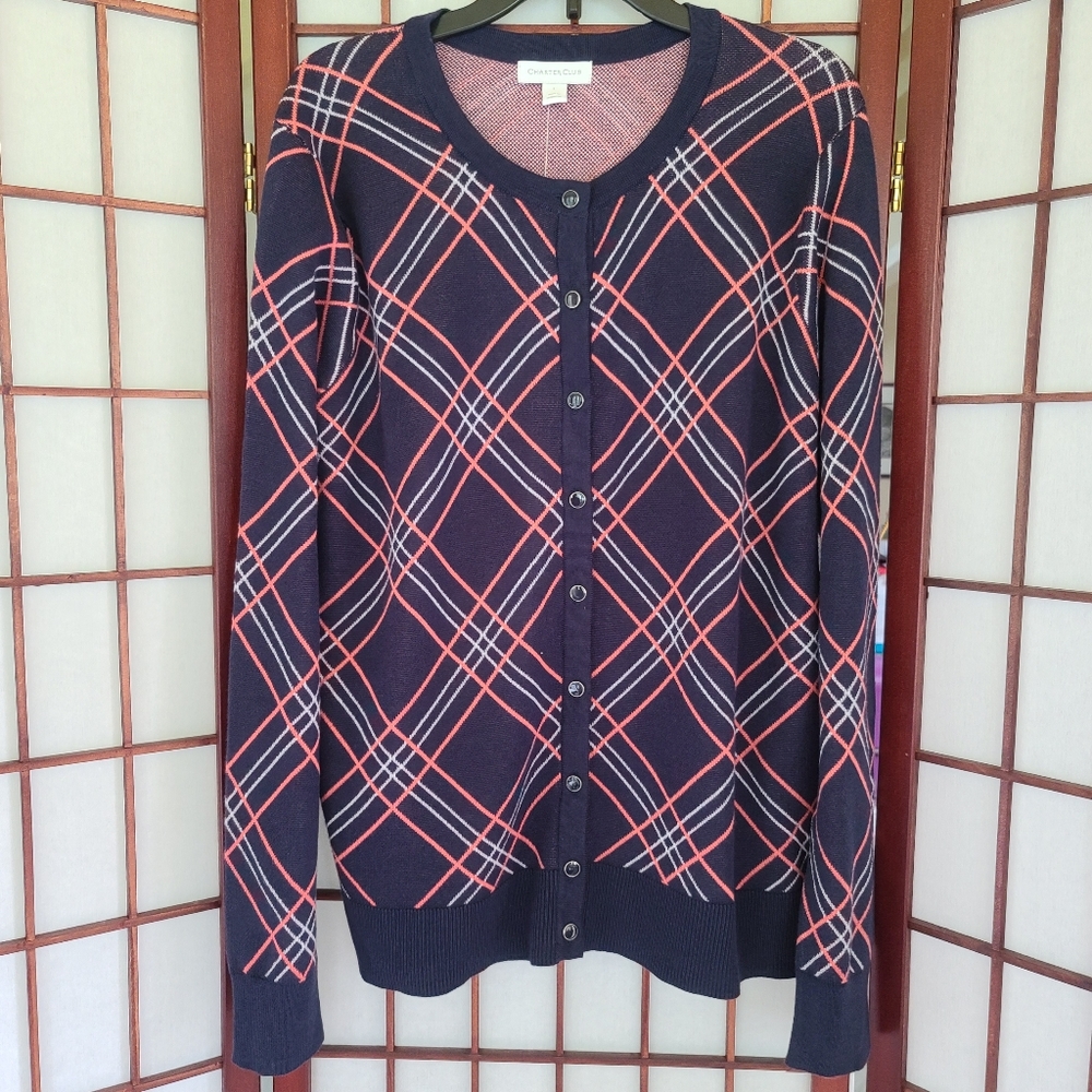 Charter Club Plaid Cardigan Sweater Womens Size L